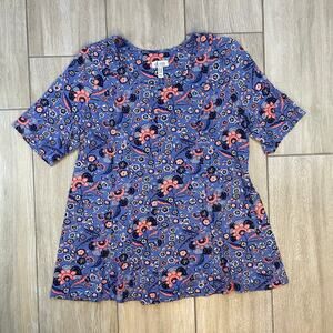Denim & Co Womens 1X Floral Print Tunic Top Blue Pink Stretch Short Sleeve